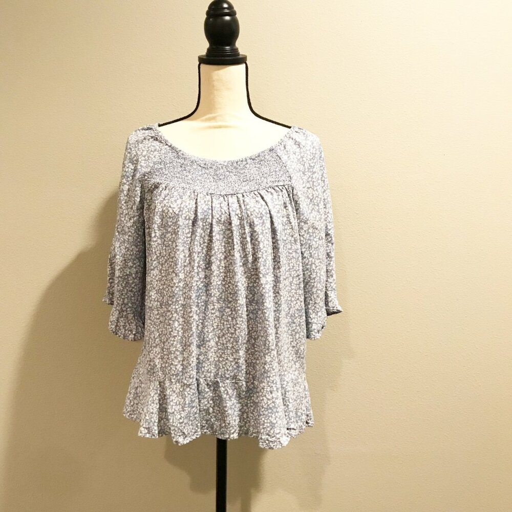 CAFE MARRAKESH Blue Floral Ruffle Sleeve Smocked Top Womens Small